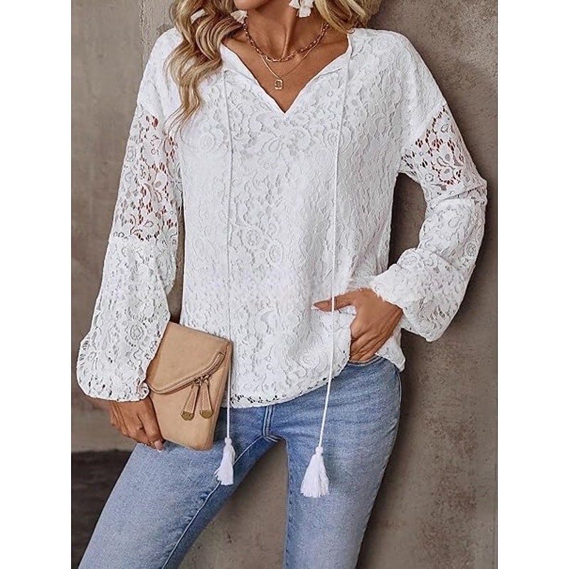 Women's White Elegant Lace Tops Eyelet Blouse Casual Solid Color Regular Tops Long Sleeve V Neck Lace Patchwork Regular Fit Daily Romantic Petite Tops Summer Holiday Wear White Red