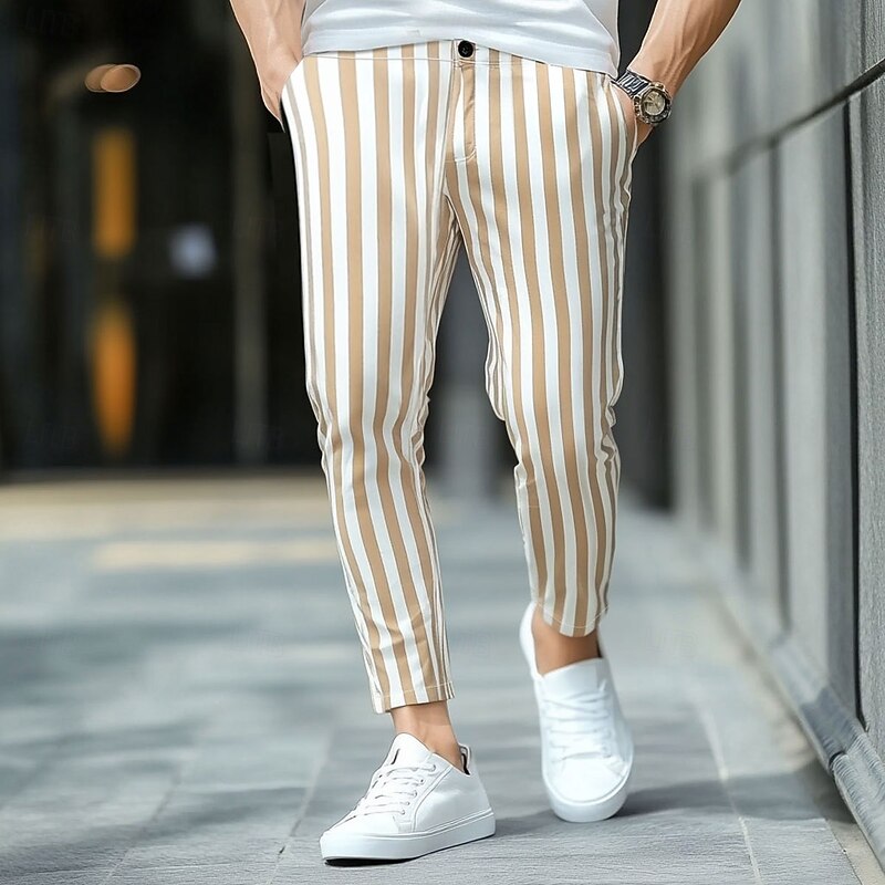 Men's Geometric Striped Dress Pants Trousers Mid Waist Business Casual Outdoor Vacation Streetwear with Pockets Slim Fit Flat-Front Summer Spring Fall 3D Print Yellow Beige Gray