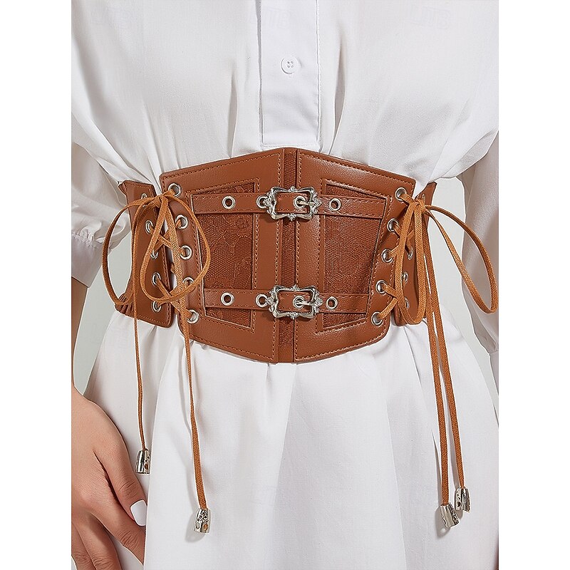 Brown Faux Leather Corset Belt for Women – Adjustable Lace-Up Waist Cincher with Vintage Buckle Design, Perfect for Dresses and Casual Outfits