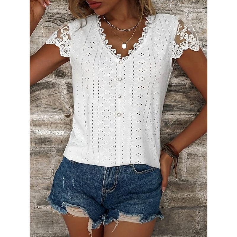 Women's White Elegant Lace Tops Eyelet Blouse Casual Solid Color Regular Tops Short Sleeve V Neck Lace Patchwork Buttons Regular Fit Daily Romantic Petite Tops Summer Holiday Wear White4