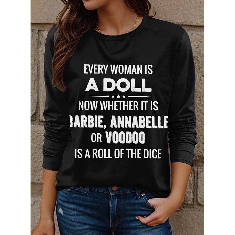 Women's T shirt Crew Neck Long Sleeve Tunic Letter Casual  Long Tops Daily Print Black Fall Winter