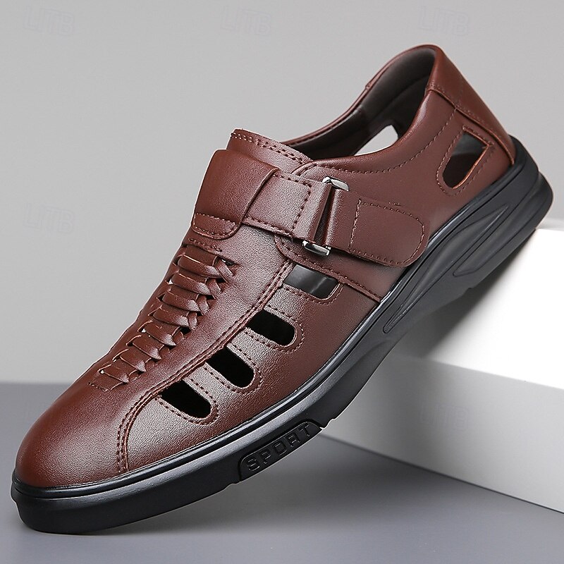 Men's Brown Faux Leather Breathable Sandals – Velcro Strap, Woven Closed-Toe Design, Comfortable Summer Footwear for Outdoor and Casual Wear