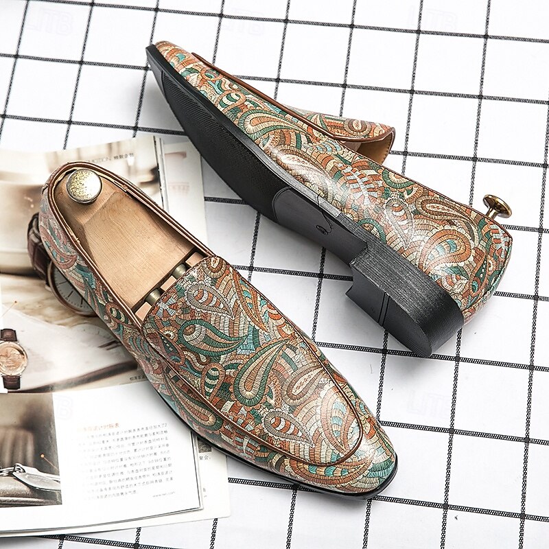Men's Faux Leather Loafers with Colorful Paisley Pattern – Stylish Slip-On Shoes for Formal and Casual Occasions4