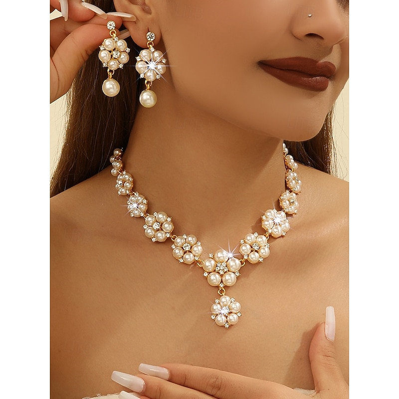 Women's Faux Pearl and Rhinestone Jewelry Set – Elegant Necklace and Earrings for Weddings, Parties and Special Occasions