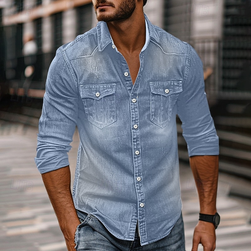 Men's Shirt Chambray Shirt Calico Shirt Button Up Shirt Casual Shirt Denim Shirt Denim Blue Black Dark Navy Blue Long Sleeve Plain Collar Daily Vacation Clothing Apparel Cotton Fashion Casual3