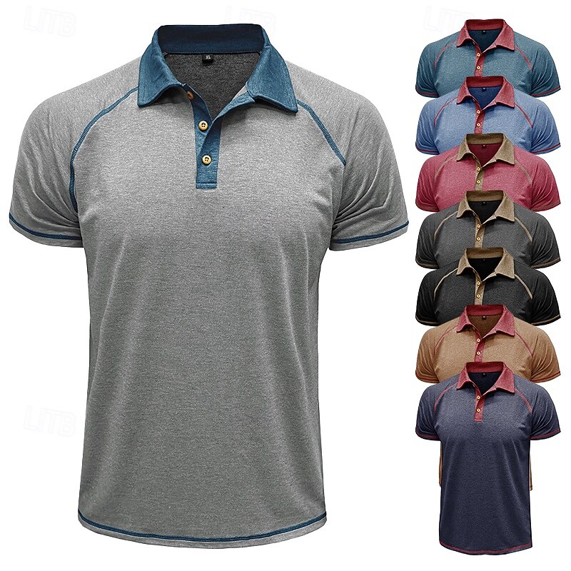 Men's Polo Business Polo Business Casual Lapel Classic Short Sleeve Color Block Embroidered Buttons Summer Spring &  Fall Lake blue Retro Red Dark Gray Black Navy Blue Khaki Polo