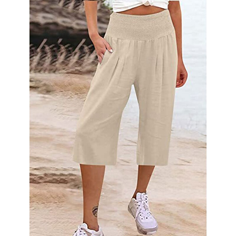 Women's Cotton Linen Shorts Linen-Inspired Pants Cotton Linen Pants Fashion Streetwear Ankle-Length High Waist Plain Pocket Elastic Waistband Comfy Soft Comfortable Micro-elastic Outdoor Street