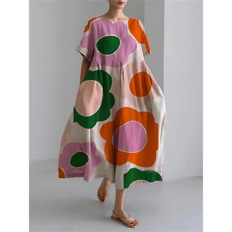 Women's Midi Dress Linen-Inspired Dresses Casual Dress Cotton Linen Dress Elegant Stylish Casual Vacation Daily Date Loose Fit Graphic Short Sleeve Crew Neck Orange Summer Spring