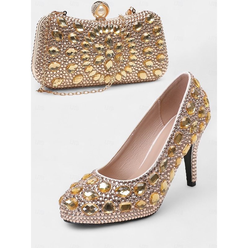 Gold Crystal-Embellished Stiletto Heels with Matching Clutch – Elegant Women's Party and Evening Set and Wedding3