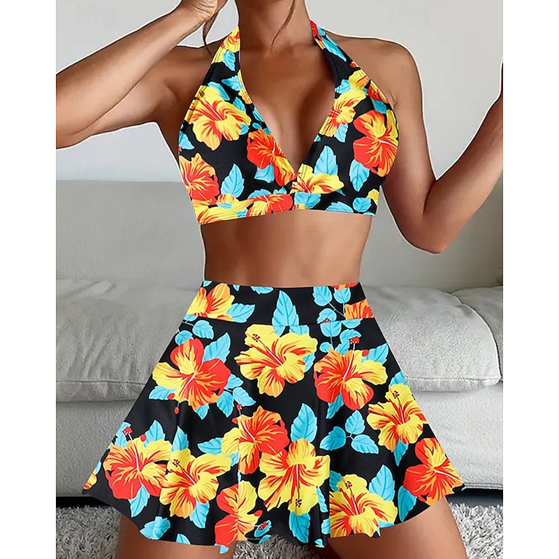 Women's Tankini Two Piece Swimsuit Backless Swimwear Floral Swimwear Black Yellow Breathable Quick Dry Lightweight Sleeveless - Swimming Surfing Beach Summer Spring