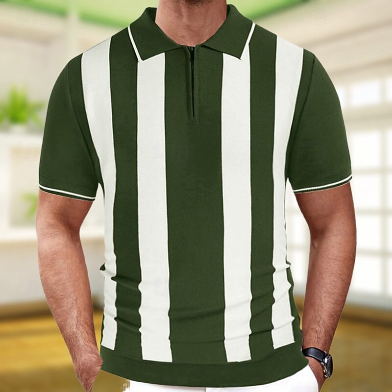 Men's Button Up Polos Golf Shirt Casual Sports Lapel Short Sleeve Fashion Basic Stripes Patchwork Buttons Summer Green Button Up Polos