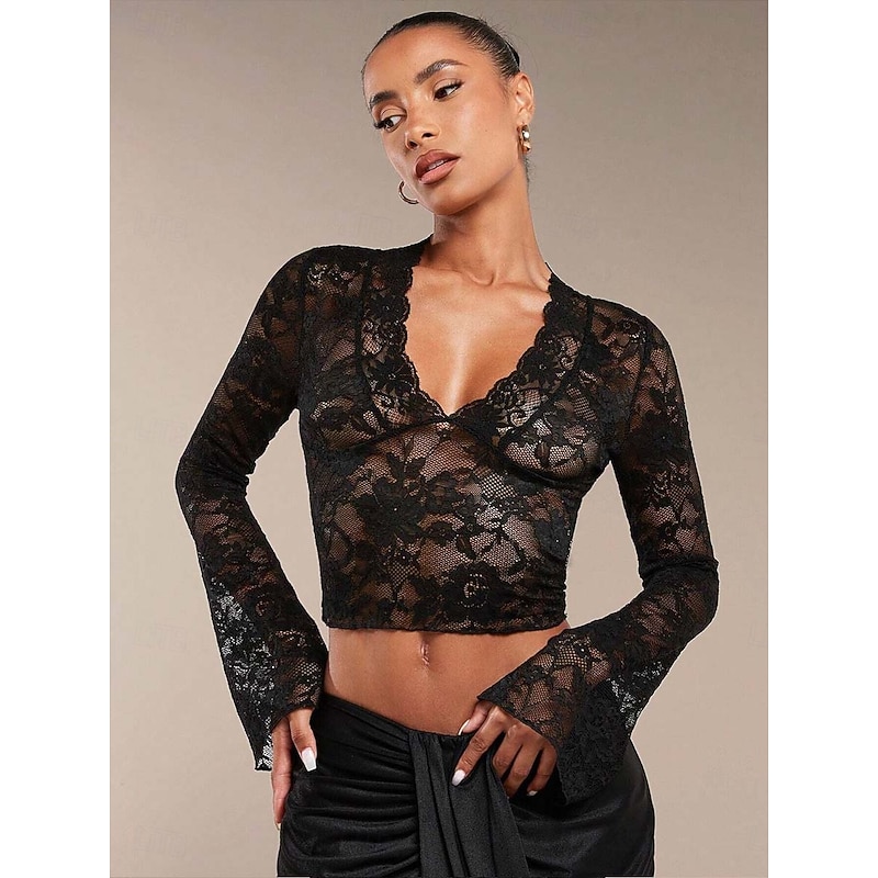 Women's Wrap Crop Top Sexy Long Sleeve V Neck Regular Tops Lace Black White Summer Spring