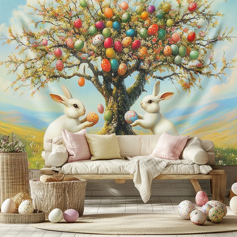 Hanging Tapestry Bunny Eggs Wall Art Large Tapestry Mural Tree of Life Decor Photograph Backdrop Blanket Curtain Home Bedroom Living Room Decoration3