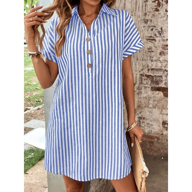 Women's Mini Dress Shirt Dress Casual Dress Stylish Casual Vacation Daily Regular Fit Stripe Short Sleeve Shirt Collar Black Royal Blue Summer