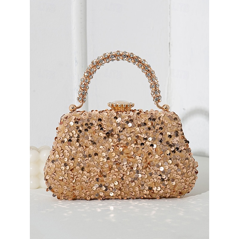 Women's Sequin Embellished Evening Clutch Bag – Vintage Glitter Handbag with Rhinestone Handle, Perfect for Weddings, Parties and Formal Events