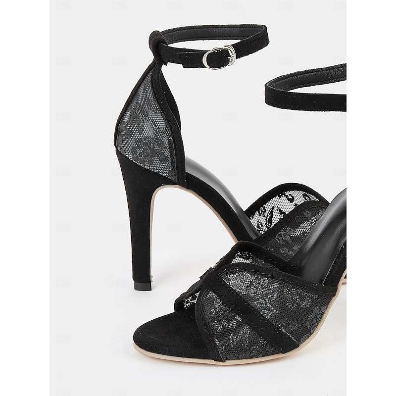 Black Lace High Heel Sandals with Ankle Straps for Women's Evening Parties,Perfect for Summer Parties and Casual Outings4