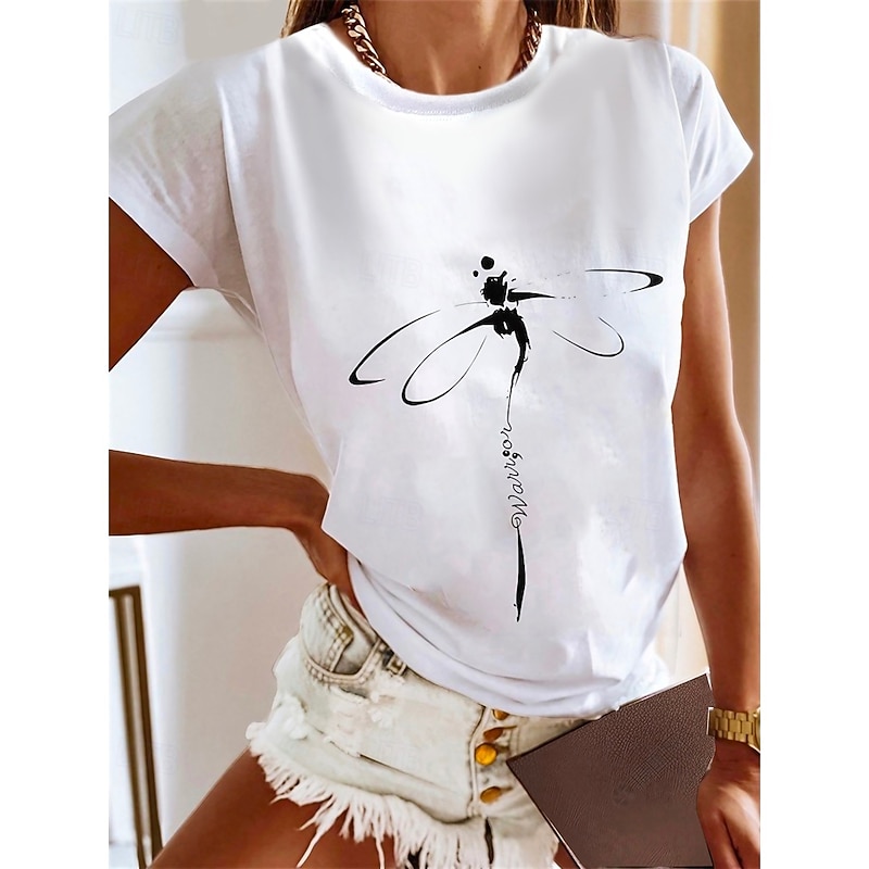 Women's T Shirt Dragonfly Basic Short Sleeve Round Neck Regular Tops Daily Weekend Print Black White Blue Gray Summer