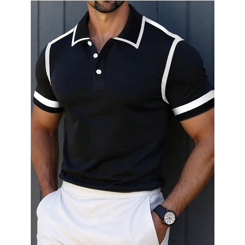 Men's Cotton Polo Shirt Golf Polos Shirts Work Casual Lapel Classic Short Sleeve Basic Modern Color Block Patchwork Buttons Spring & Summer Regular Fit Black Navy Blue Cotton Polo Shirt