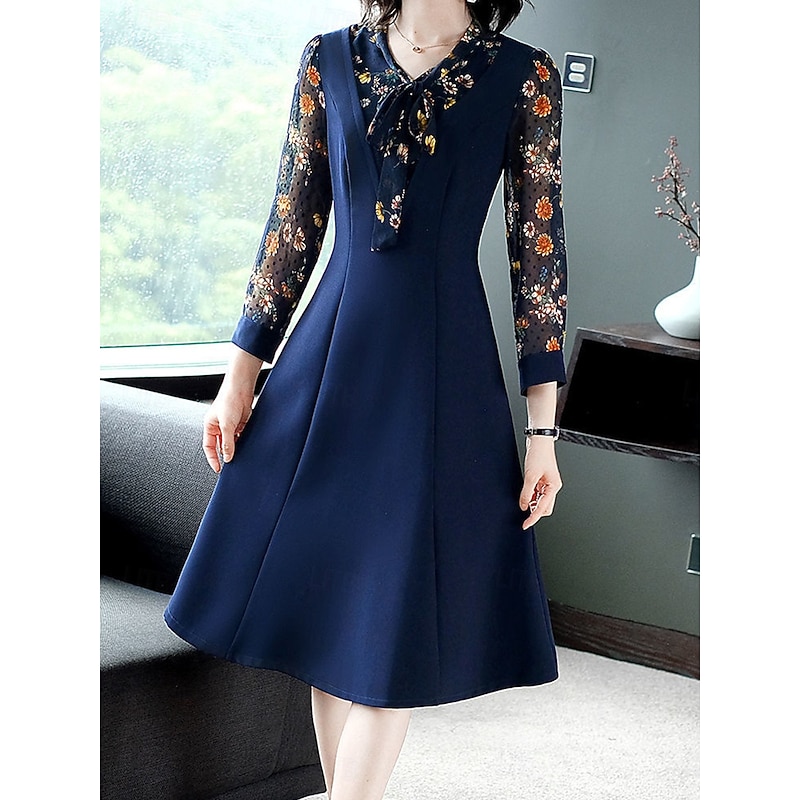 Women's Midi Dress Boho Chic Dresses Stylish Casual Vacation Daily Regular Fit Floral Long Sleeve V Neck Black Red Blue Summer