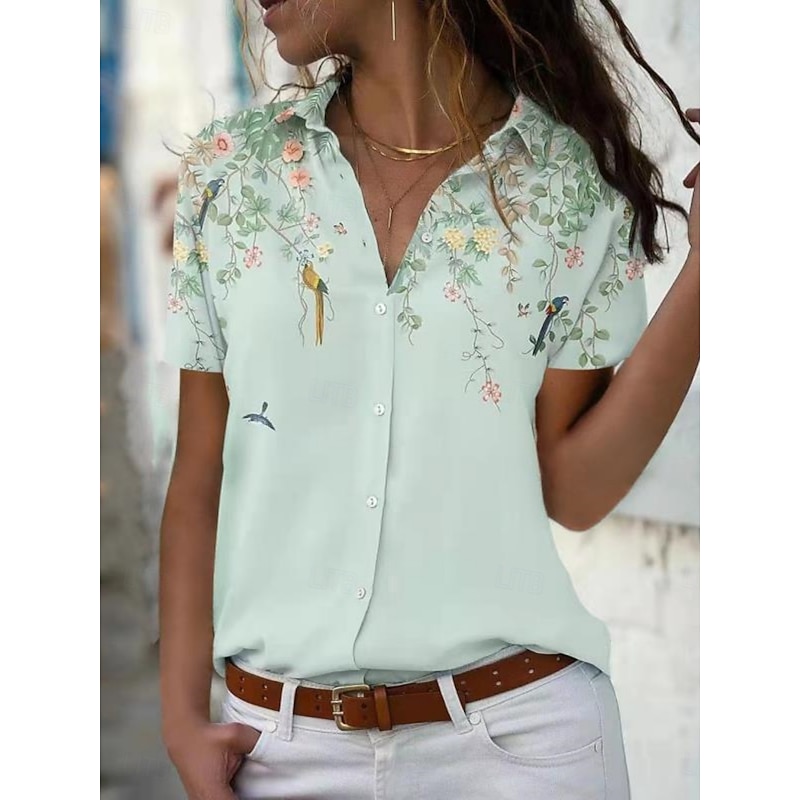 Women's Shirt Blouse Floral Stylish Casual Short Sleeve Shirt Collar Regular Tops Daily Buttons Print Light Green Pink Blue Summer Spring4