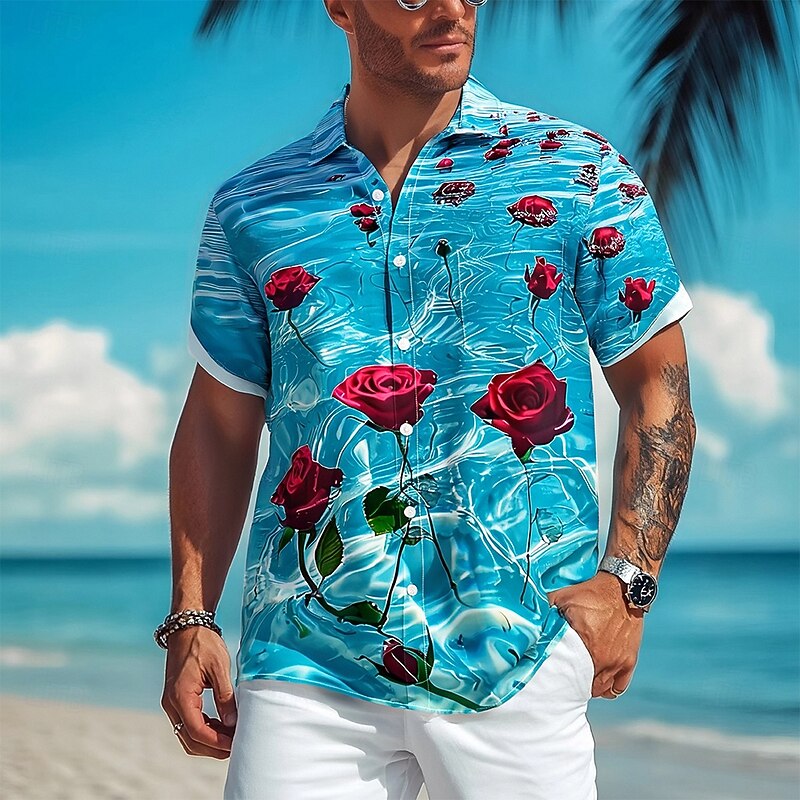Men's Rose Ocean Floral Print Summer Hawaiian Shirt Button Up Shirt Short Sleeve Hawaiian Resort Vacation Holiday Beach Wear Summer Spring Turndown Collared Shirts Blue