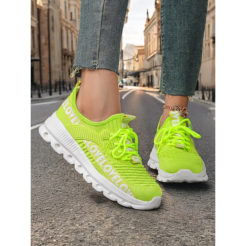 Fluorescent Green Lightweight Athletic Sneakers for Women - Stylish Breathable Running Shoes with "LOVE" Detail2