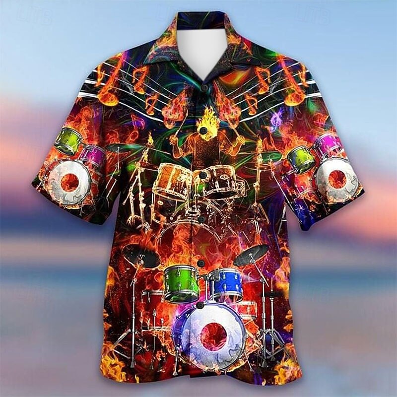 Men's Boardmasters Music Guitar Shirt Summer Hawaiian Shirt Button Up Shirt Short Sleeves Tropical Fashion Streetwear Street Casual Daily Summer Spring Turndown Print Button-Down Yellow Army Green4