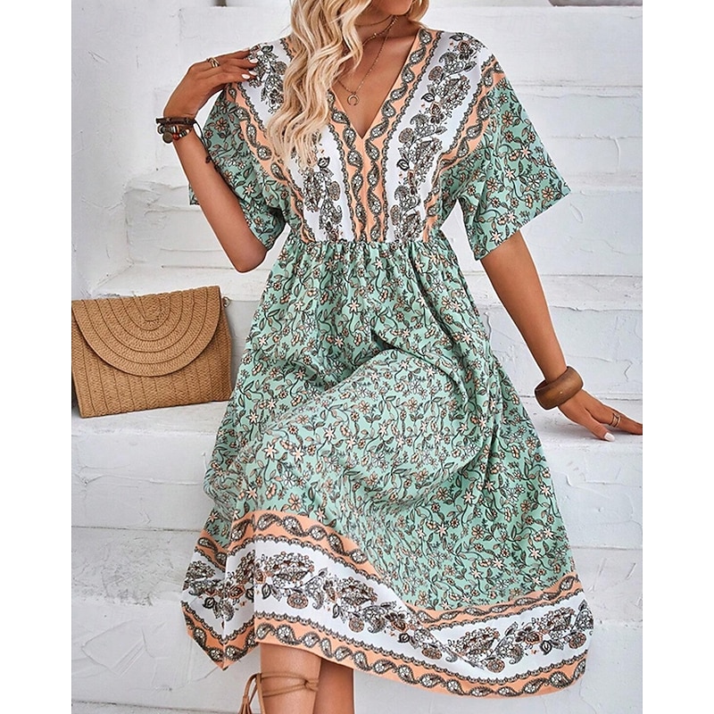 Women's Long Dress Maxi Dress A Line Dress Summer Dress Boho Dress Elegant Hawaiian Stylish Vacation Daily Date Regular Fit Floral Short Sleeve V Neck Green Summer