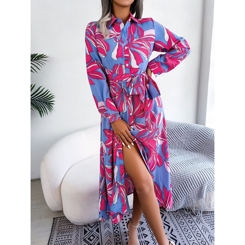 Women's Midi Dress Casual Dress A Line Dress Stylish Casual Vacation Daily Regular Fit Floral Leaf Long Sleeve Shirt Collar Fuchsia Spring Fall3