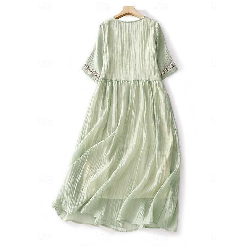 Women's Maxi Dress Cotton Linen Dresses Casual Dress Swing Dress Cotton Maxi Dress Basic Casual Vacation Daily Regular Fit Floral Half Sleeve Crew Neck White Light Green Summer2