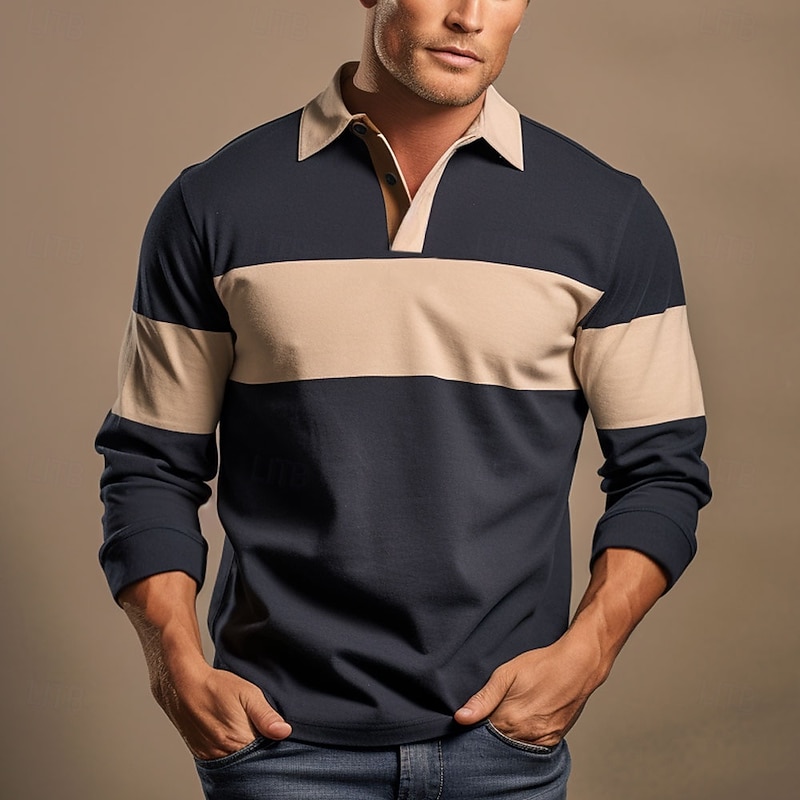 Men's Striped Rugby Polo Long Sleeve Polo Shirts Collared Shirts Sportswear Casual School Outdoor Athleisure 3D Print Spring Fall Winter Yellow Blue Brown