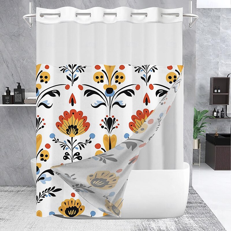 Flower Waffle-Weave Textured Shower Curtain Set with Snap-in Liner Sheer Window Water-Repellent Polyester Blend Fabric,Grommet Top,120GSM Hotel Quality Spa Style Bathroom Partition No Hooks Required2