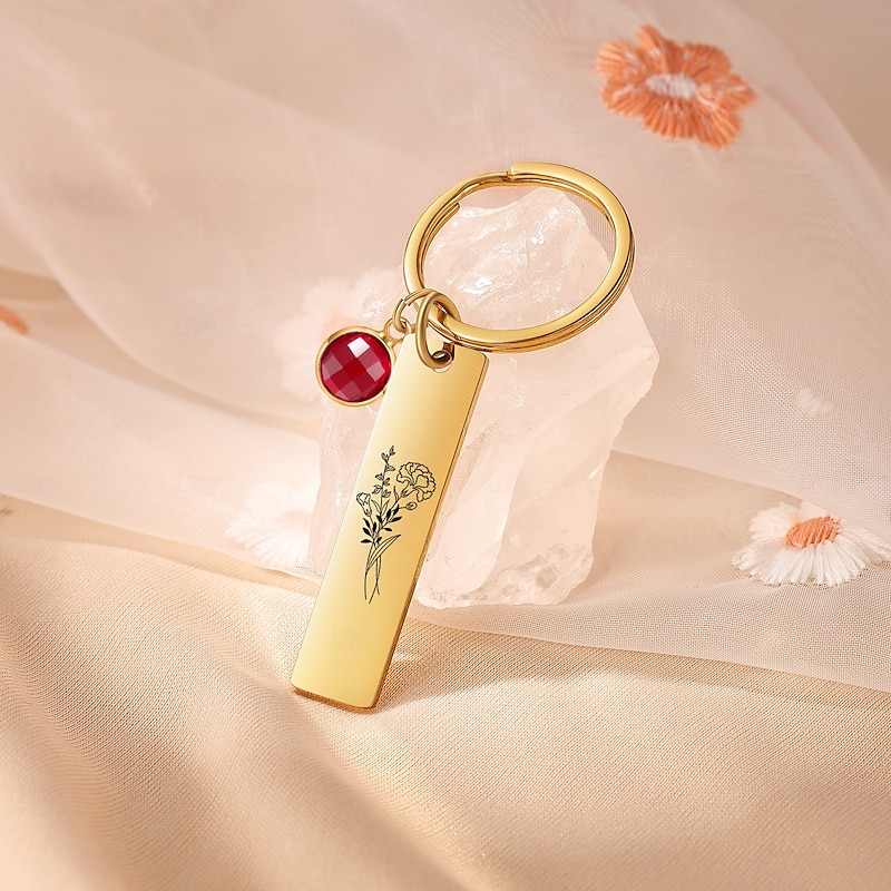 Personalized Birthstone Keychain Custom Best Gift for Mom - Birthflower Stainless Steel Pendant, Custom Wedding Gift for Couple, Gift for Women, Friends, or Lover
