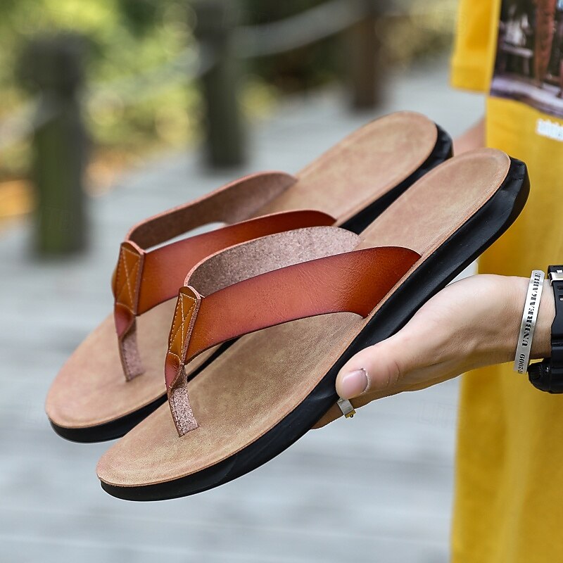Men's Brown Faux Leather Flip Flops - Casual Open-Toe Summer Sandals with Comfortable Sole for Beach and Everyday Wear3