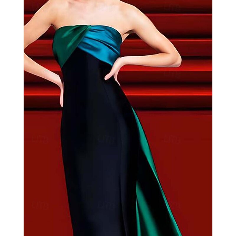 A-Line Evening Gown Celebrity Style Color Block Dress Carnival Wedding Reception Sweep / Brush Train Sleeveless One Shoulder Satin3
