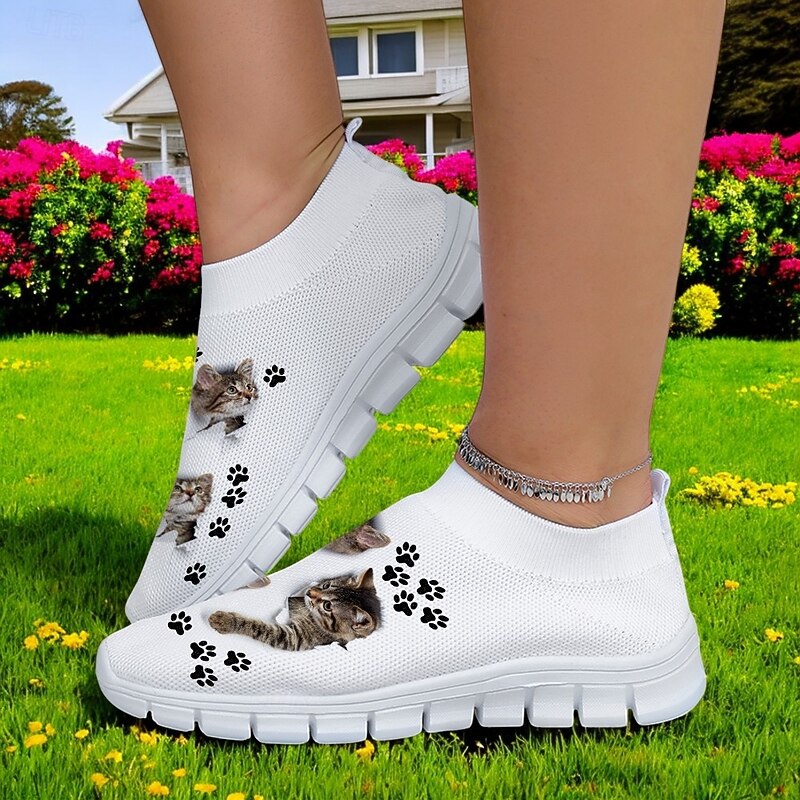 Women's Cat and Cat Paw Print Flyknit Sneakers - Lightweight Breathable Casual Shoes for Fitness and Everyday Wear2