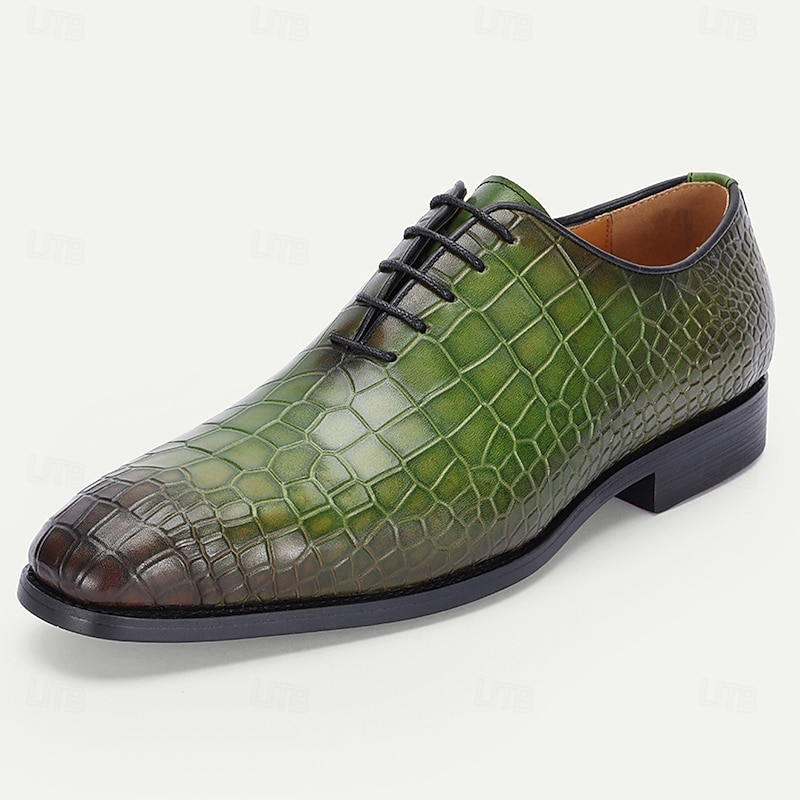 Men's Green Crocodile Pattern Leather Oxford Shoes – Premium Cowhide Lace-Up Design for Formal, Business and Special Occasions2
