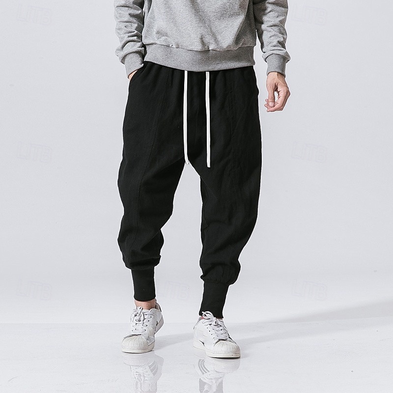 Men's Joggers Linen Pants Trousers Summer Pants Beach Pants Drawstring Pocket Baggy Plain Breathable Sports Daily Holiday Chinoiserie Hippie Black Navy Blue2