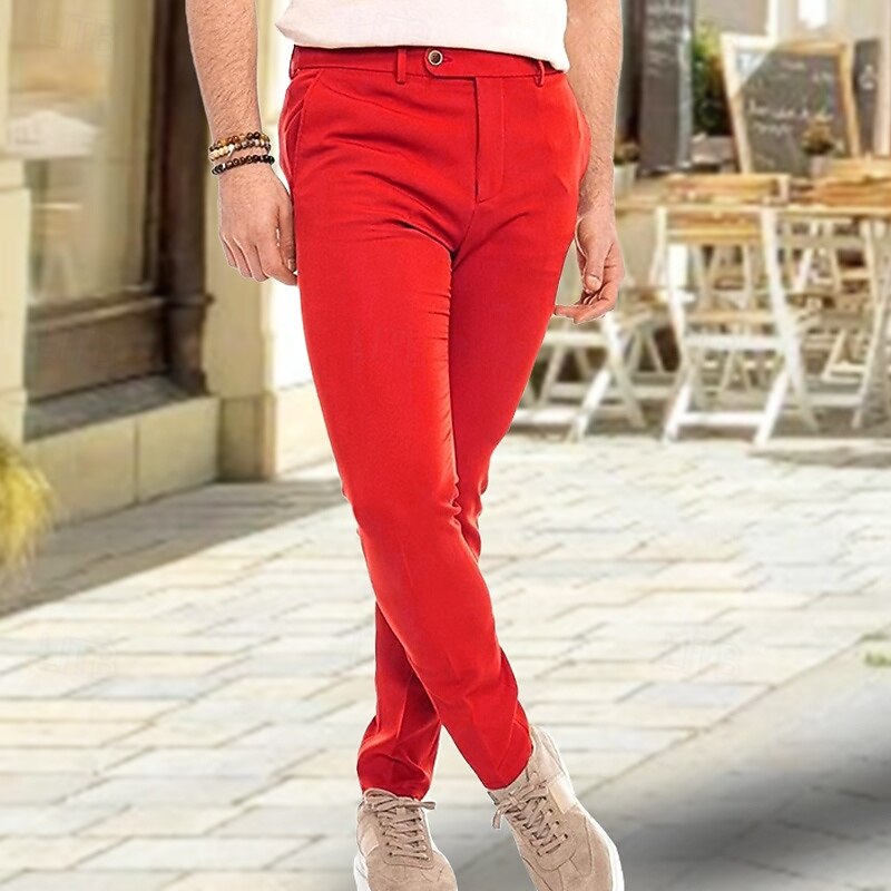 Men's Dress Pants Trousers Chinos Buttons Pocket Plain Comfort Formal Party Work Fashion Classic Style Yellow Pink Micro-elastic4