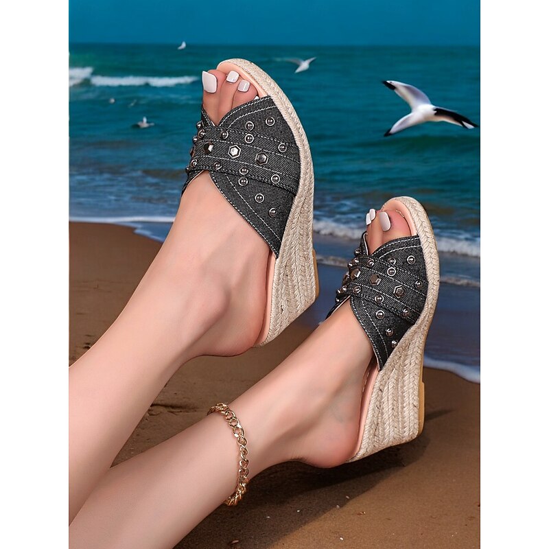 Women's Wedge Sandals with Studded Denim Design and Open-Toe – Comfortable Casual Footwear for Summer, Beach and Vacation4