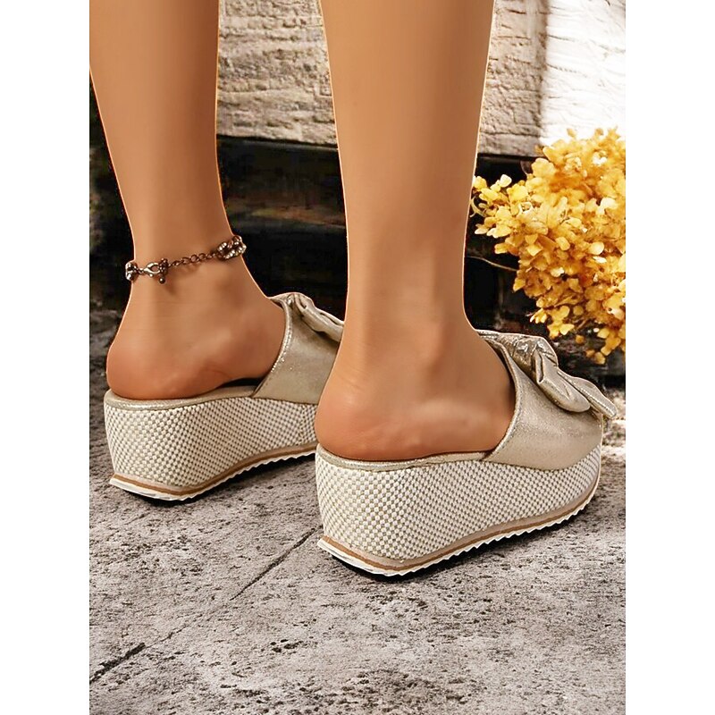 Gold Metallic Bow Wedge Sandals for Women - Glamorous Platform Slip-Ons for Casual Summer Outings3