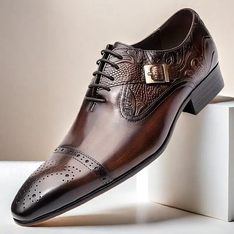 Men's Brown Embossed Faux Leather Oxford Shoes - Classic Lace-Up Design with Decorative Buckle for Formal Events and Office Wear