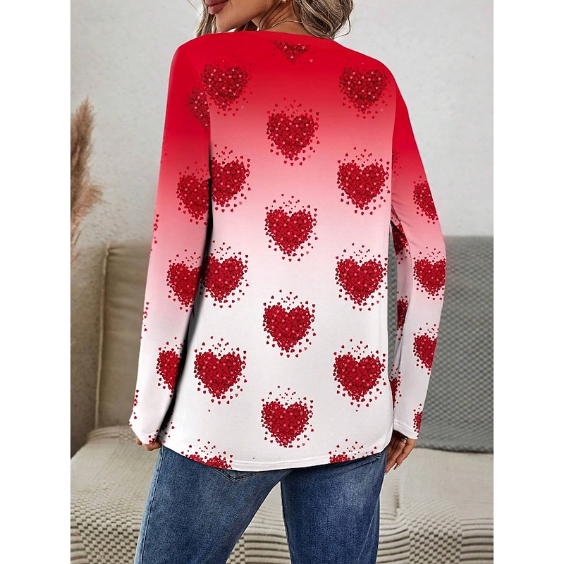 Women's T shirt Crew Neck Long Sleeve Tunic Ombre Heart Casual  Regular Tops Daily Print Red Spring Fall2