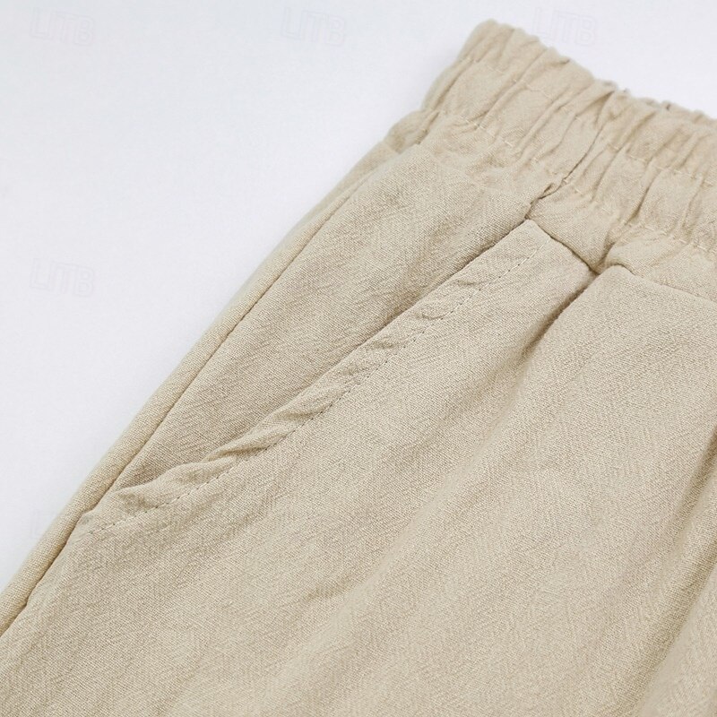 Men's Linen Pants Trousers Summer Pants Gauze Pants Elastic Waist Drawstring Straight Leg Plain Comfort Breathable Full Length Daily Holiday Swimming Pool Vacation Fashion Black White4