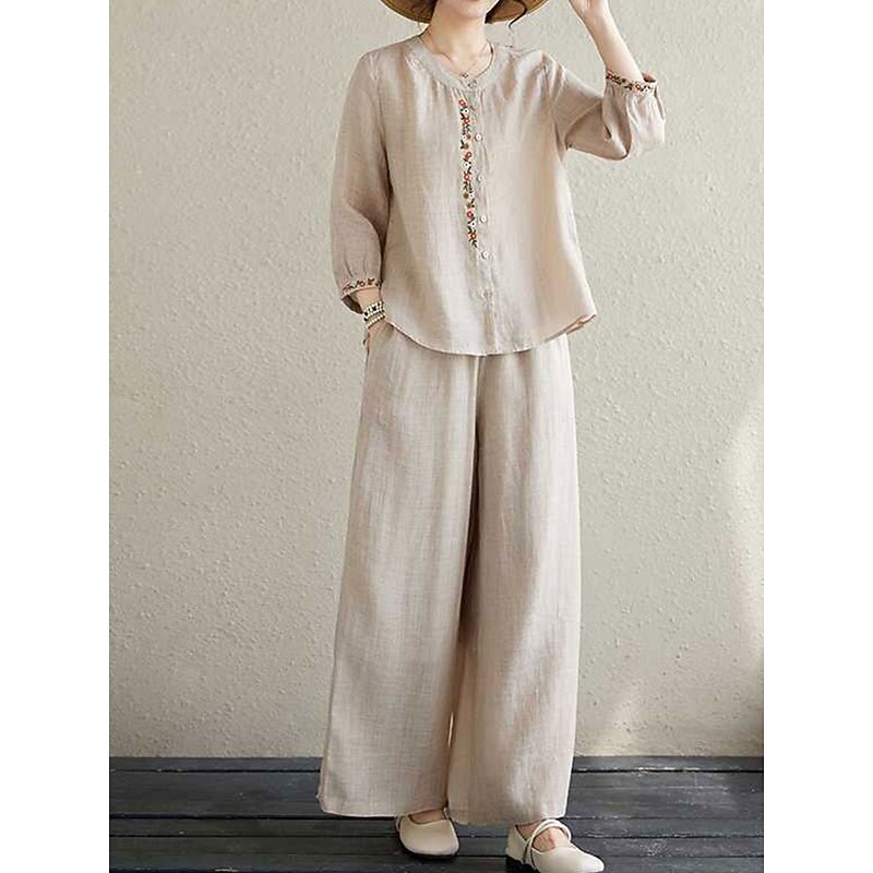Women's Elegant Vintage Fashion Shirt Linen-Inspired Sets Two Piece Sets Chinos Pants Trousers Long Sleeve Crew Neck Solid Color Outdoor Work Casual Purple Beige Summer Regular Fit