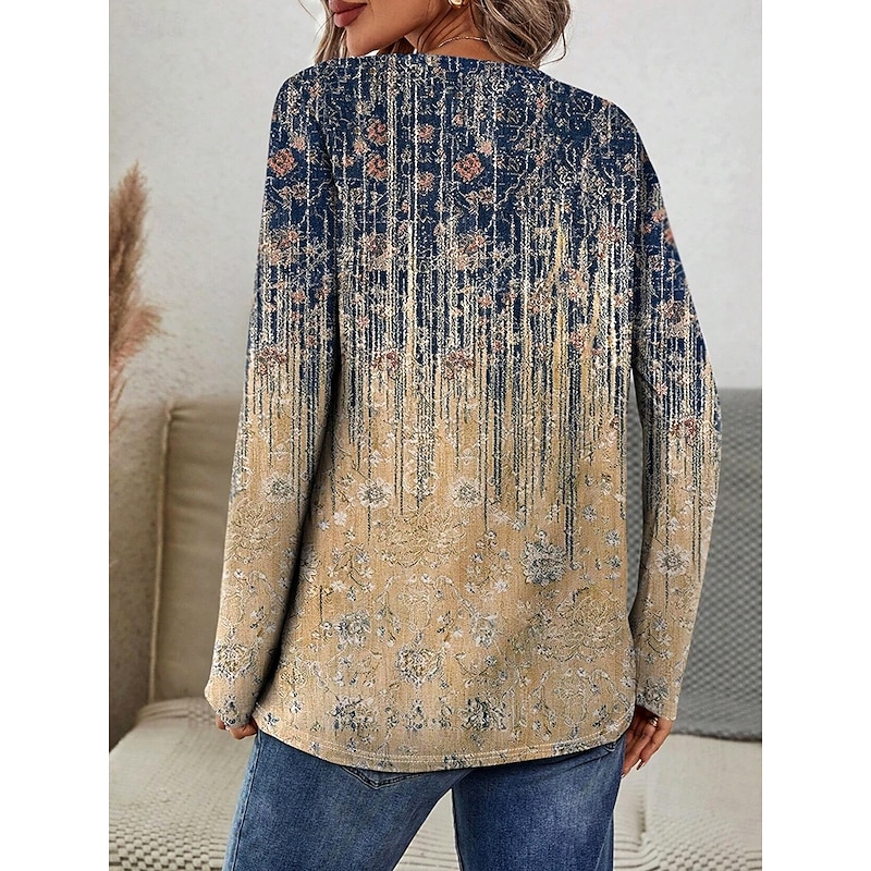 Women's T shirt Long Sleeve Crew Neck Long Sleeve Tunic Ombre Graphic Casual Regular Tops Daily Print Khaki Spring Fall Prefall2