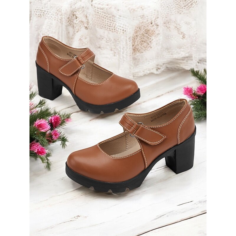 Women's Brown Mary Jane Heels with Velcro Strap – Comfortable Chunky Heeled Shoes for Casual and Everyday Wear