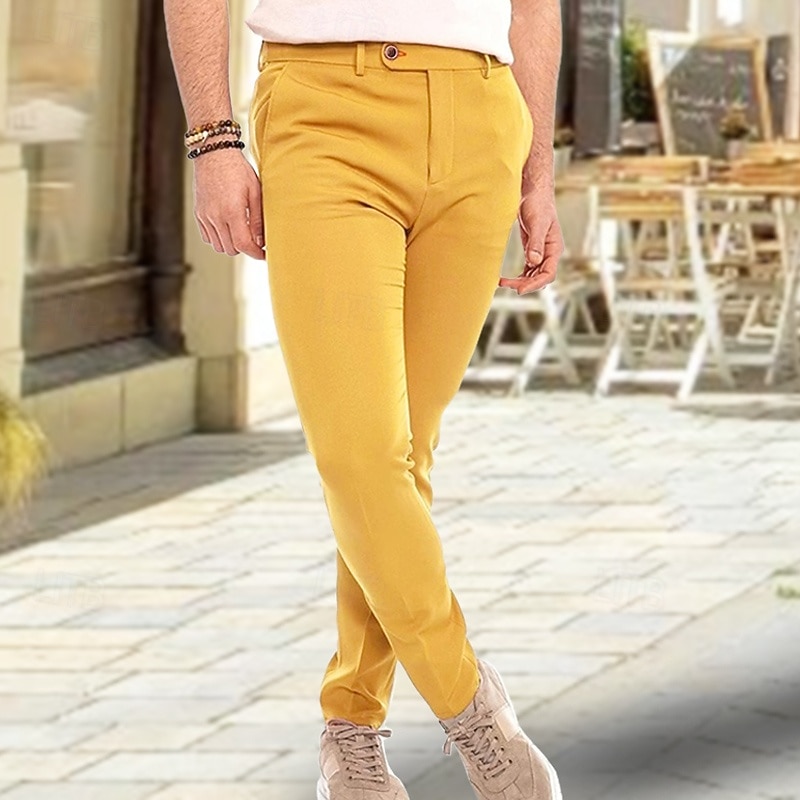 Men's Dress Pants Trousers Chinos Buttons Pocket Plain Comfort Formal Party Work Fashion Classic Style Yellow Pink Micro-elastic