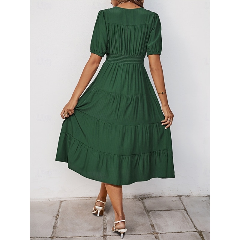 Women's Midi Dress Casual Dress Swing Dress A Line Dress Basic Casual Vacation Daily Regular Fit Plain Short Sleeve V Neck Green Summer2