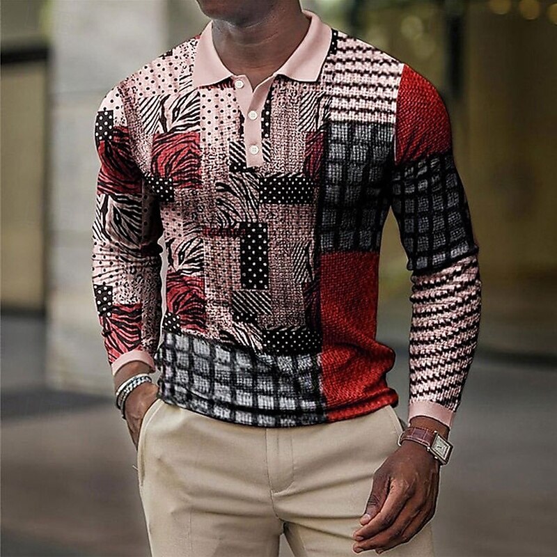Men's Plaid Waffle Polo Shirts Golf Shirt Long Sleeve Polo Shirts Collared Shirts Vintage Casual Vacation Wear Formal Wear Festival Wear 3D Print Buttons Red Blue Purple4